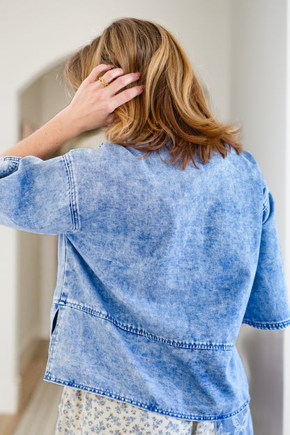 Medium Wash Half Sleeve Button Up Top - Freckled Poppy