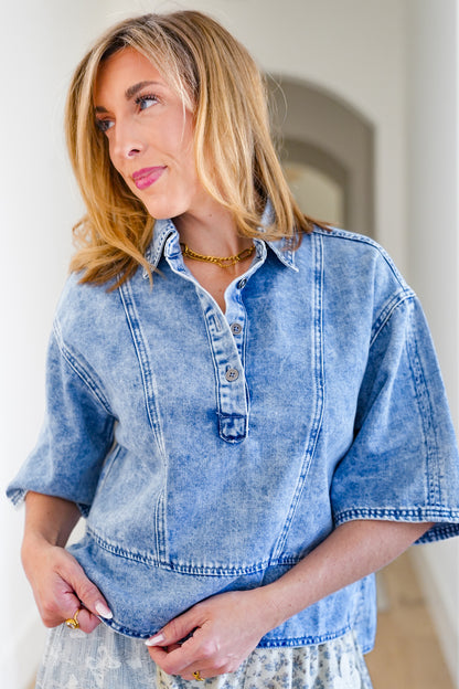 Medium Wash Half Sleeve Button Up Top - Freckled Poppy