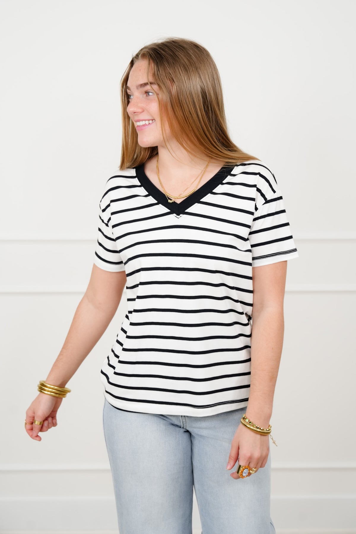 Door Buster! Plus/Reg Zenana Striped V Neck Tee Shirts - Freckled Poppy