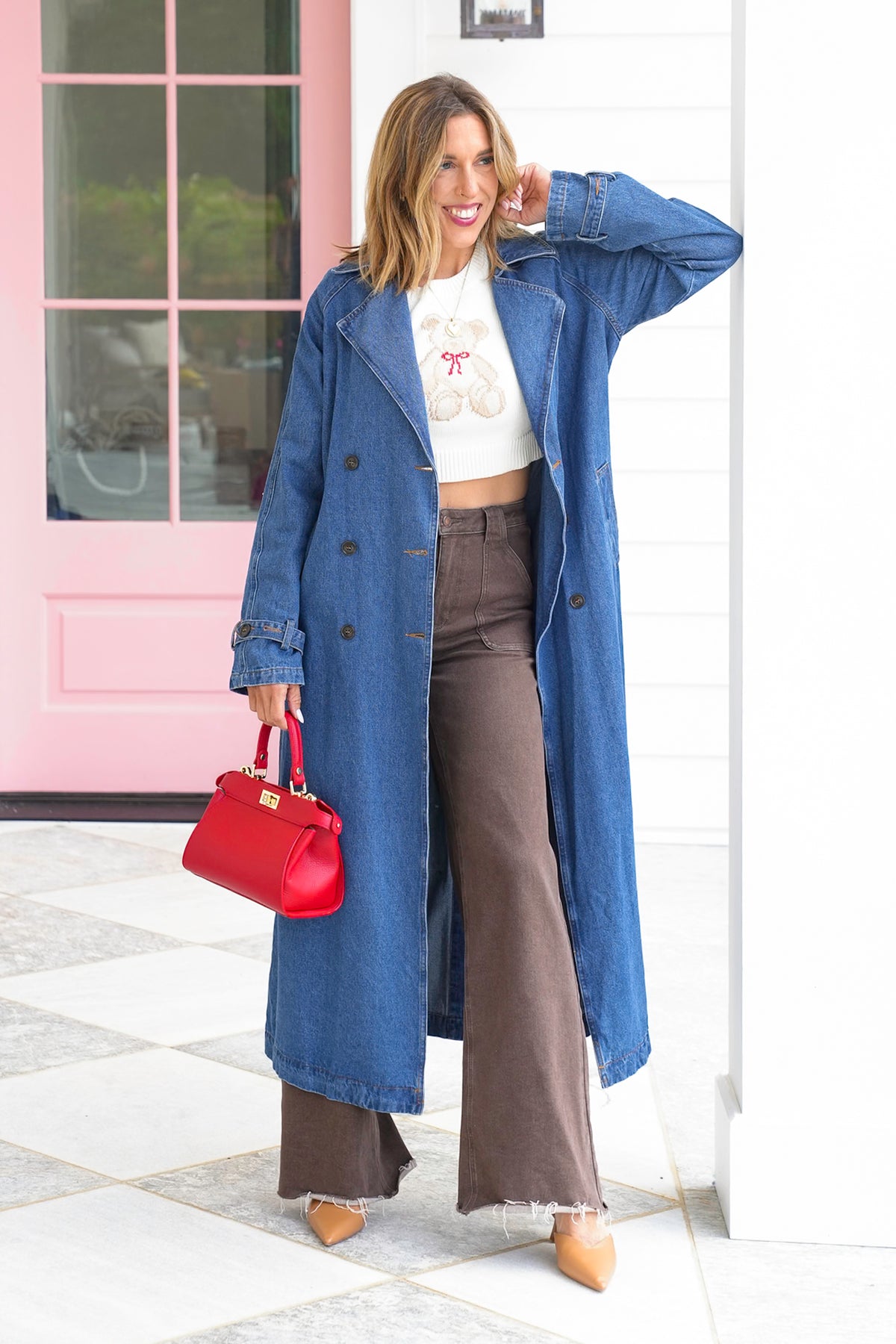 Medium Wash Long Sleeve Double Breasted Trench Coat - Freckled Poppy