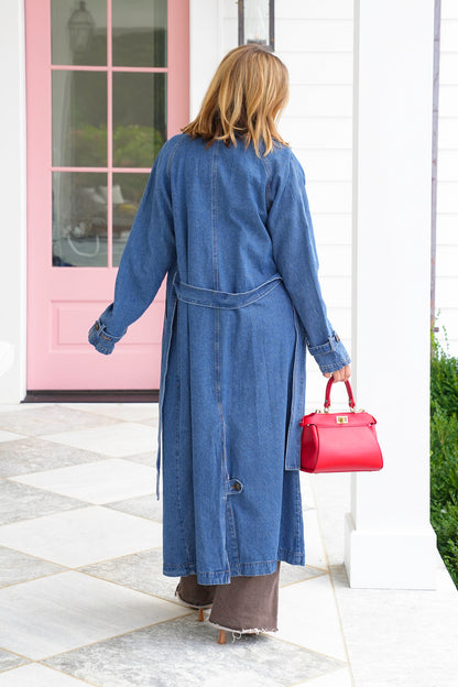 Medium Wash Long Sleeve Double Breasted Trench Coat - Freckled Poppy