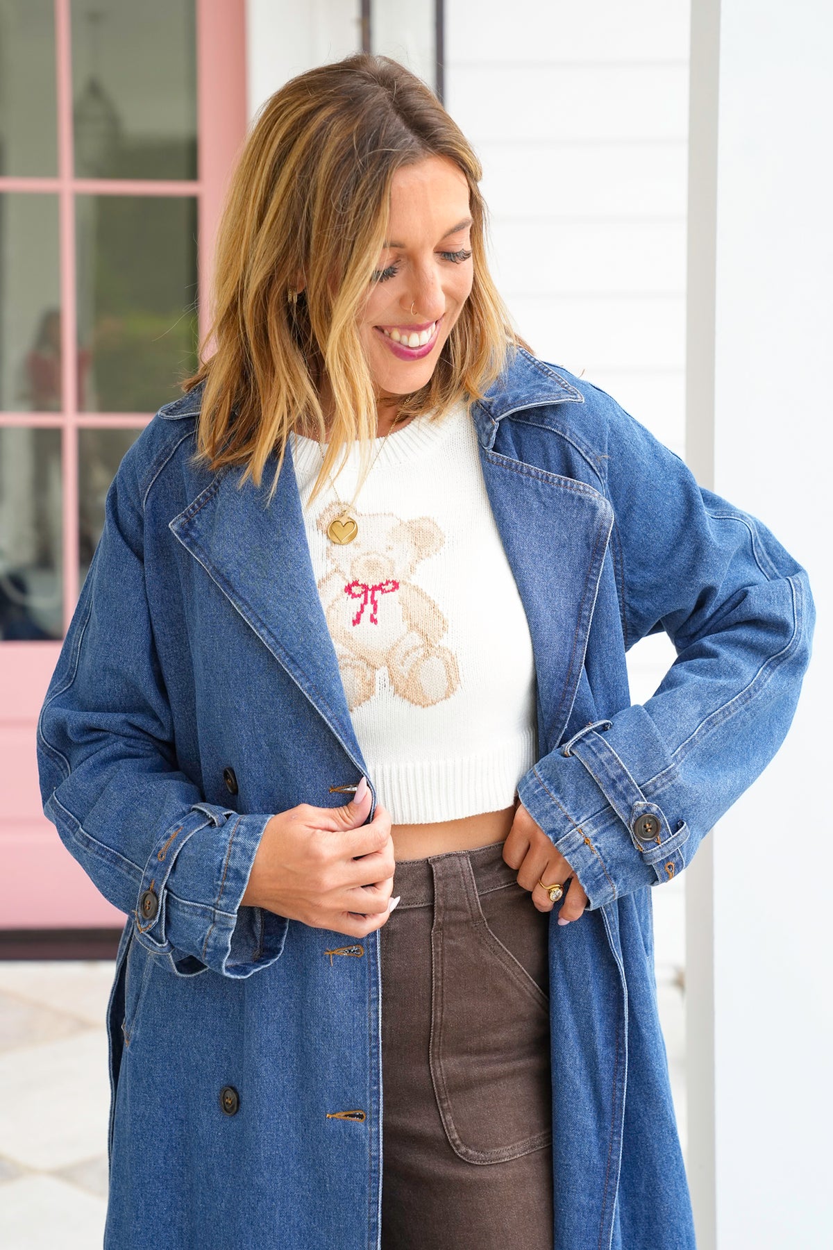Medium Wash Long Sleeve Double Breasted Trench Coat - Freckled Poppy