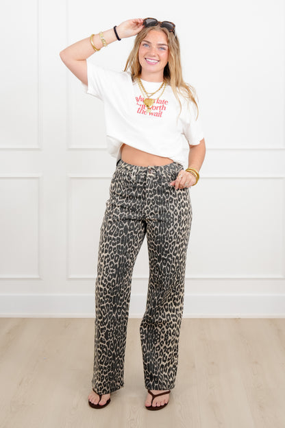 Plus/Reg Animal Print High Rise Straight Leg Pants - Freckled Poppy