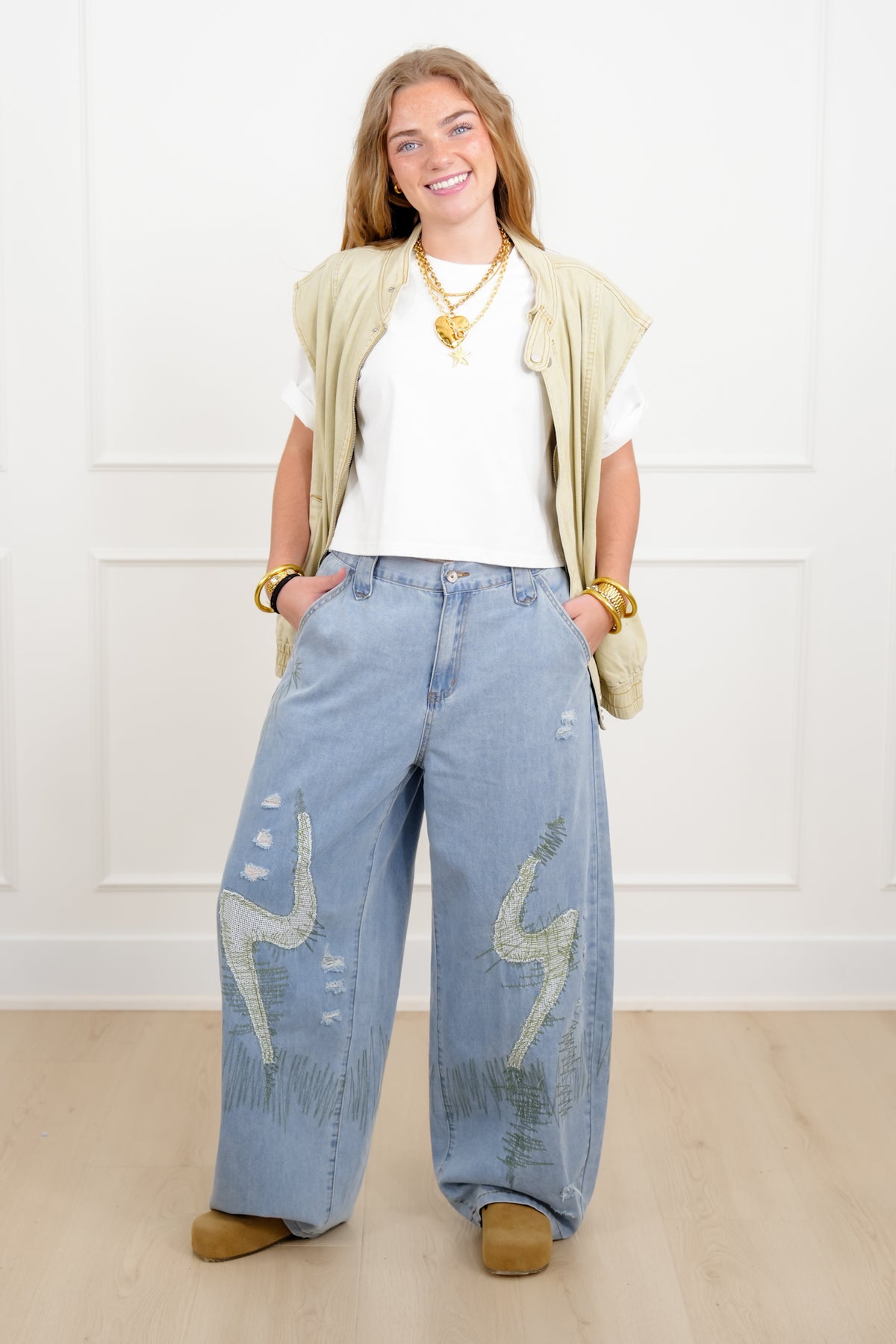 POL Light Wash Twill Wide Leg Pants with Patches - Freckled Poppy