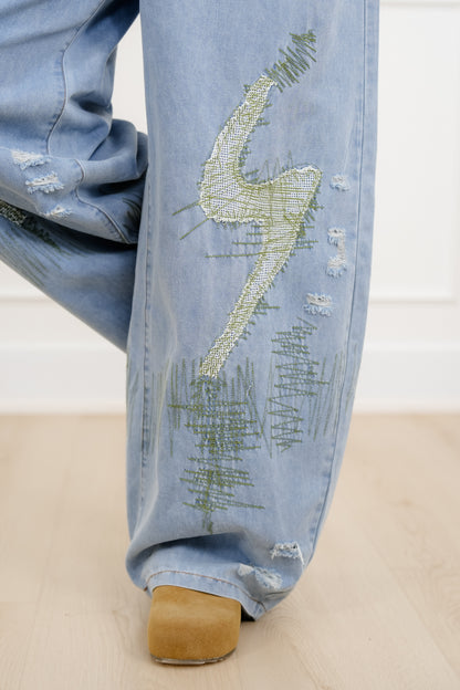 POL Light Wash Twill Wide Leg Pants with Patches - Freckled Poppy