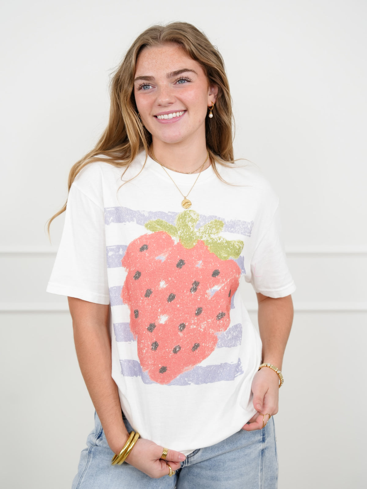 Plus/Reg Short Sleeve Strawberry Print Graphic Tee - Freckled Poppy