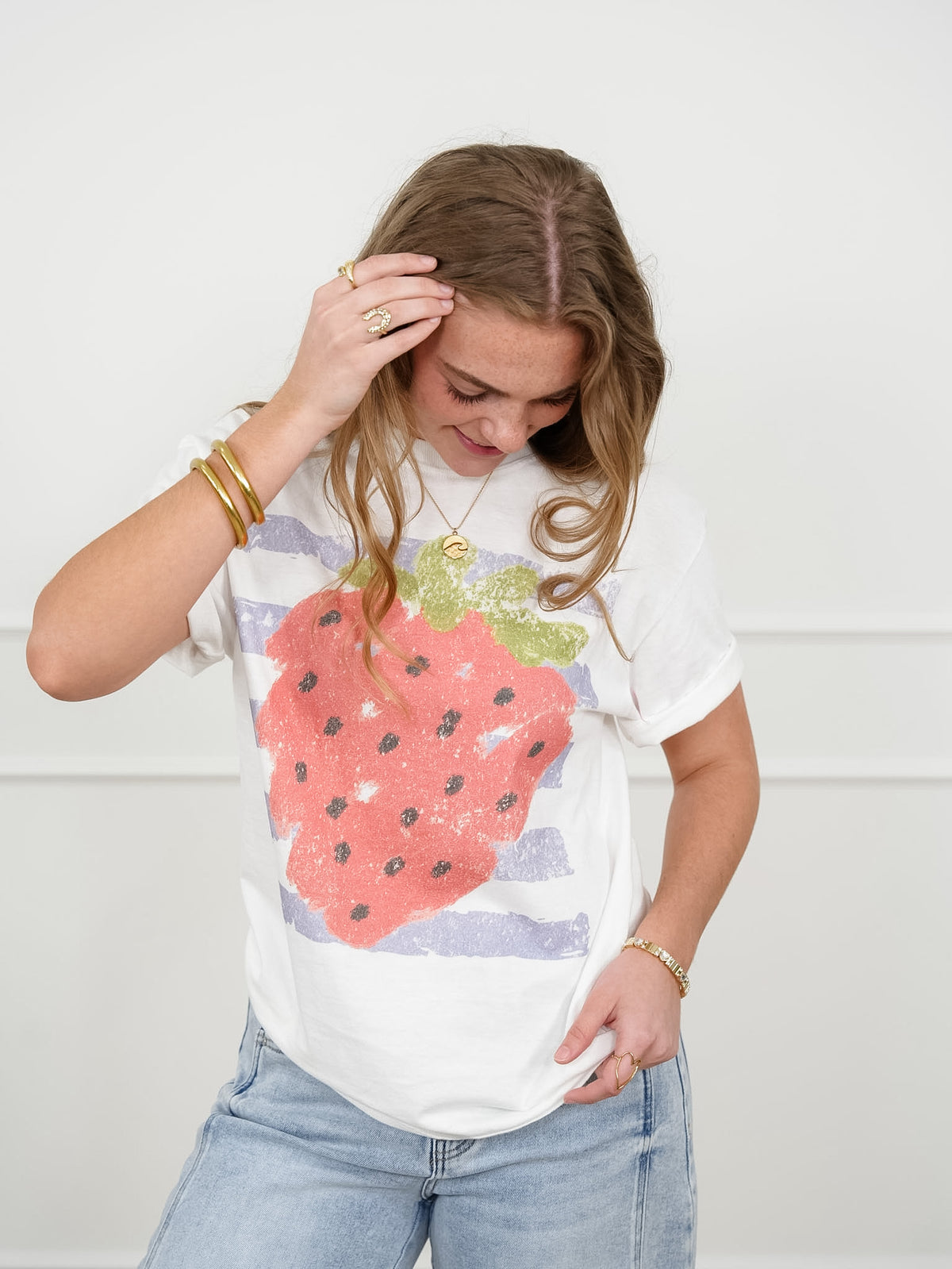 Plus/Reg Short Sleeve Strawberry Print Graphic Tee - Freckled Poppy