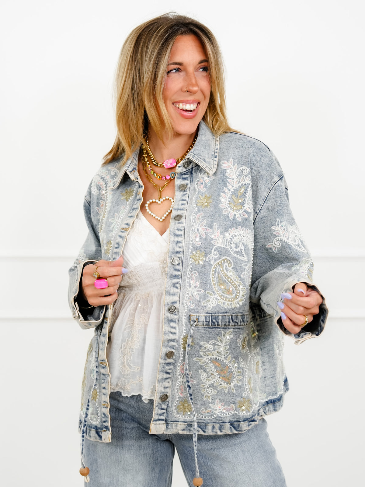 POL Light Wash Embroidered Sequin Paisley Denim Jacket - Freckled Poppy