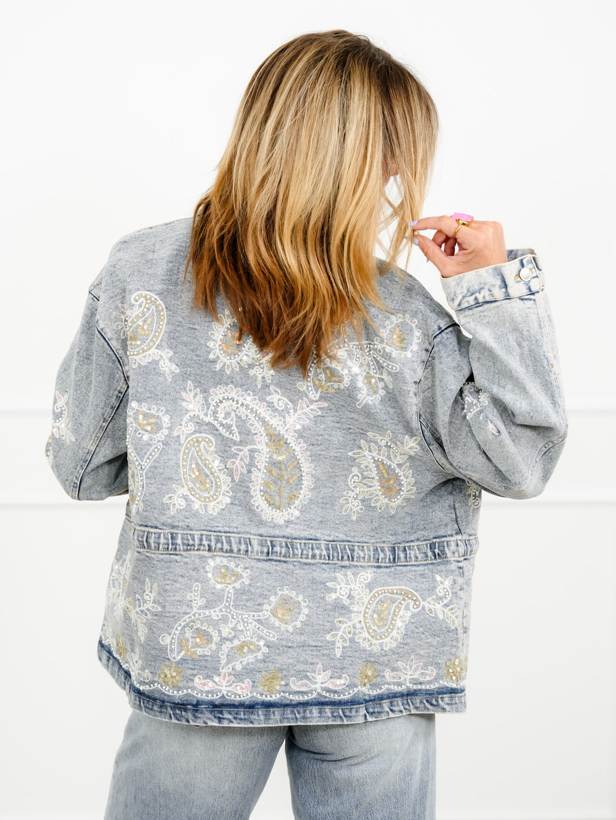 POL Light Wash Embroidered Sequin Paisley Denim Jacket - Freckled Poppy