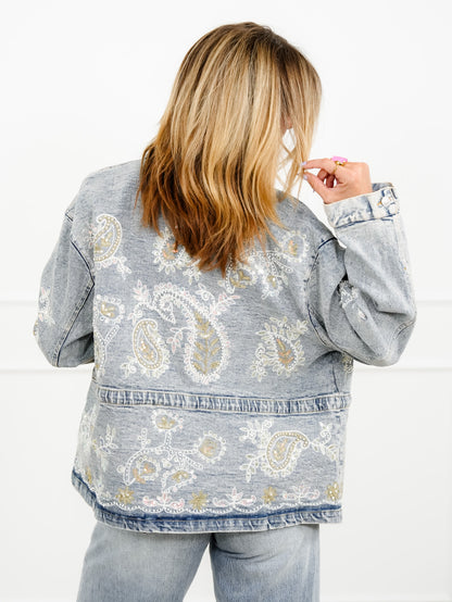POL Light Wash Embroidered Sequin Paisley Denim Jacket - Freckled Poppy