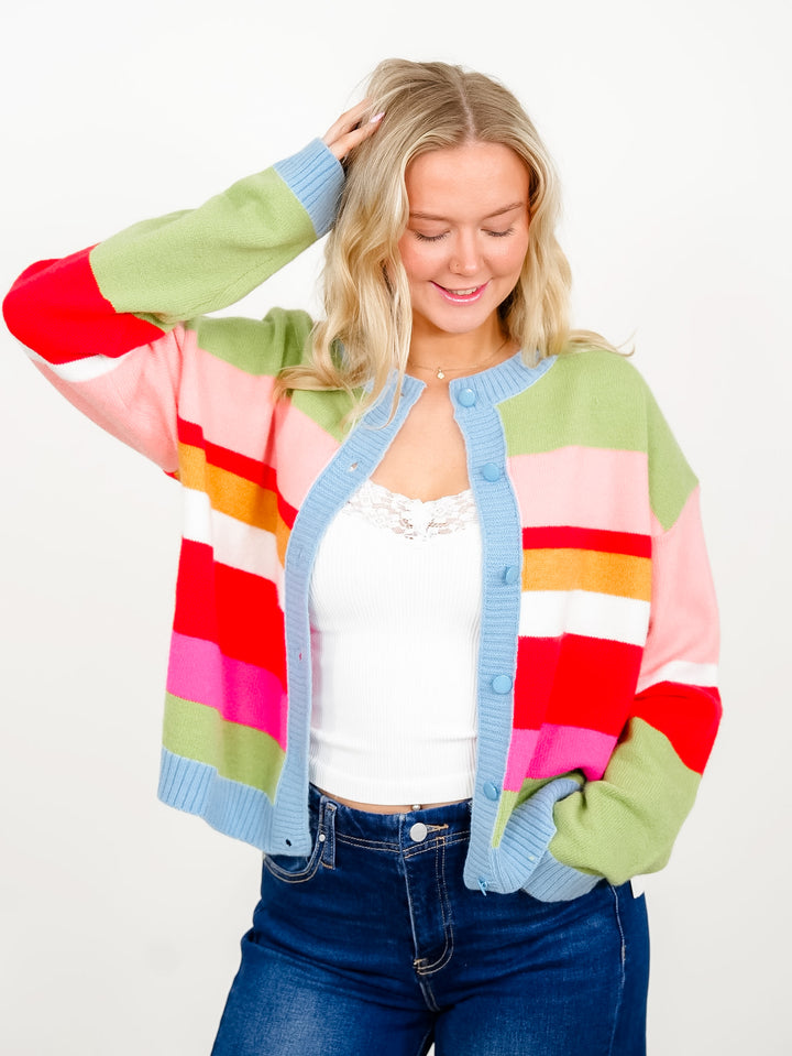 Multi Colored Stripe Long Sleeve Button Down Cardigan - Freckled Poppy