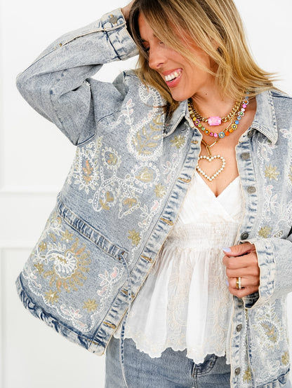 POL Light Wash Embroidered Sequin Paisley Denim Jacket - Freckled Poppy
