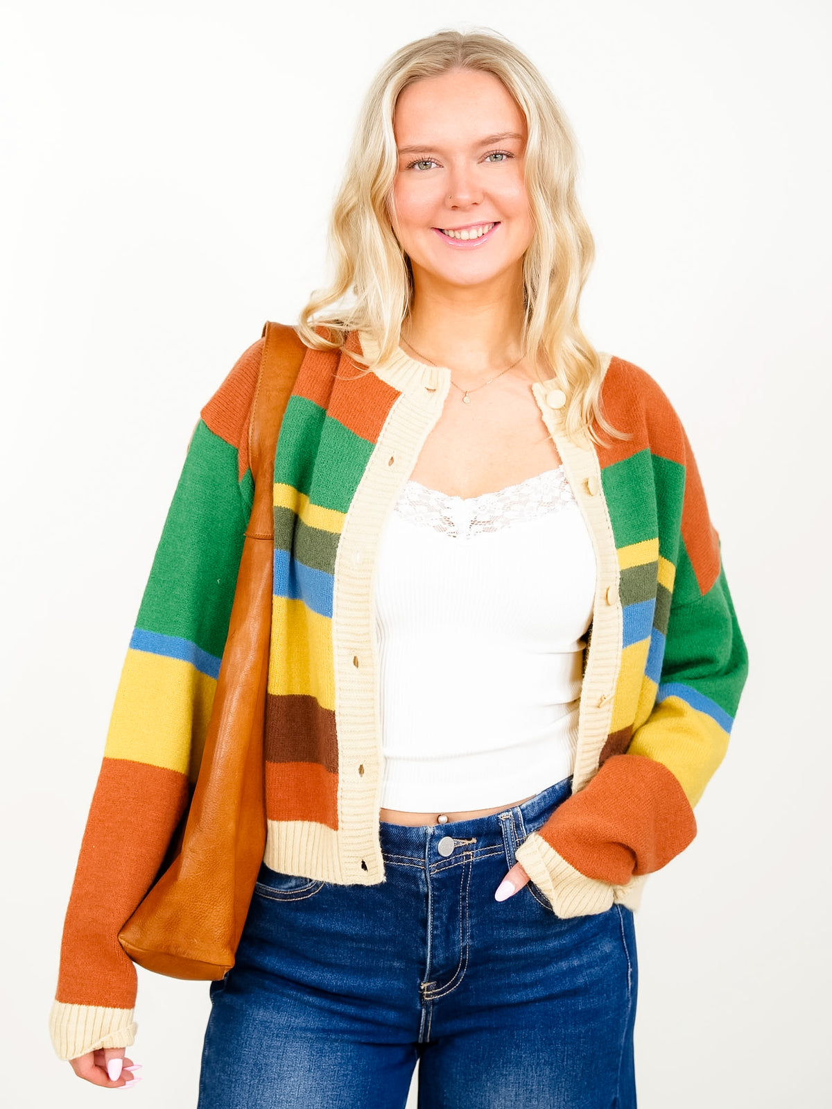 Multi Colored Stripe Long Sleeve Button Down Cardigan - Freckled Poppy