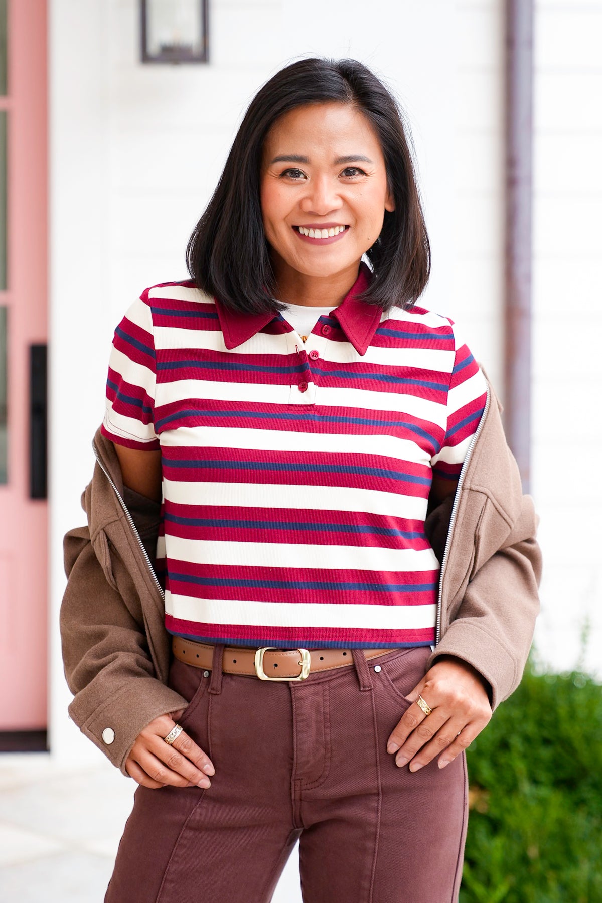 Stripe Short Sleeve Collar Crop Top - Freckled Poppy