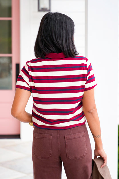 Stripe Short Sleeve Collar Crop Top - Freckled Poppy