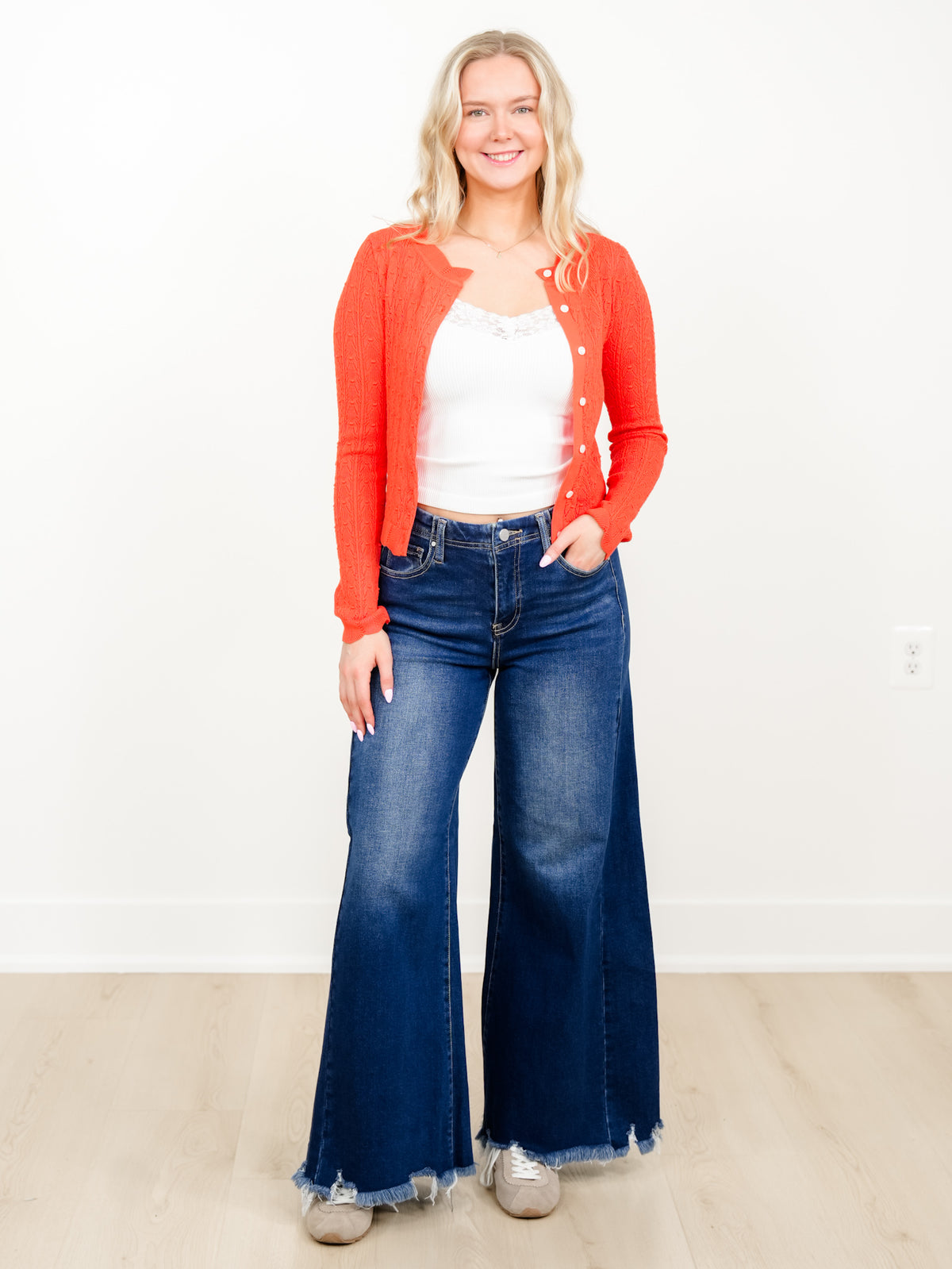 Lightweight Pointelle Cardigan With Scallop Edges - Freckled Poppy