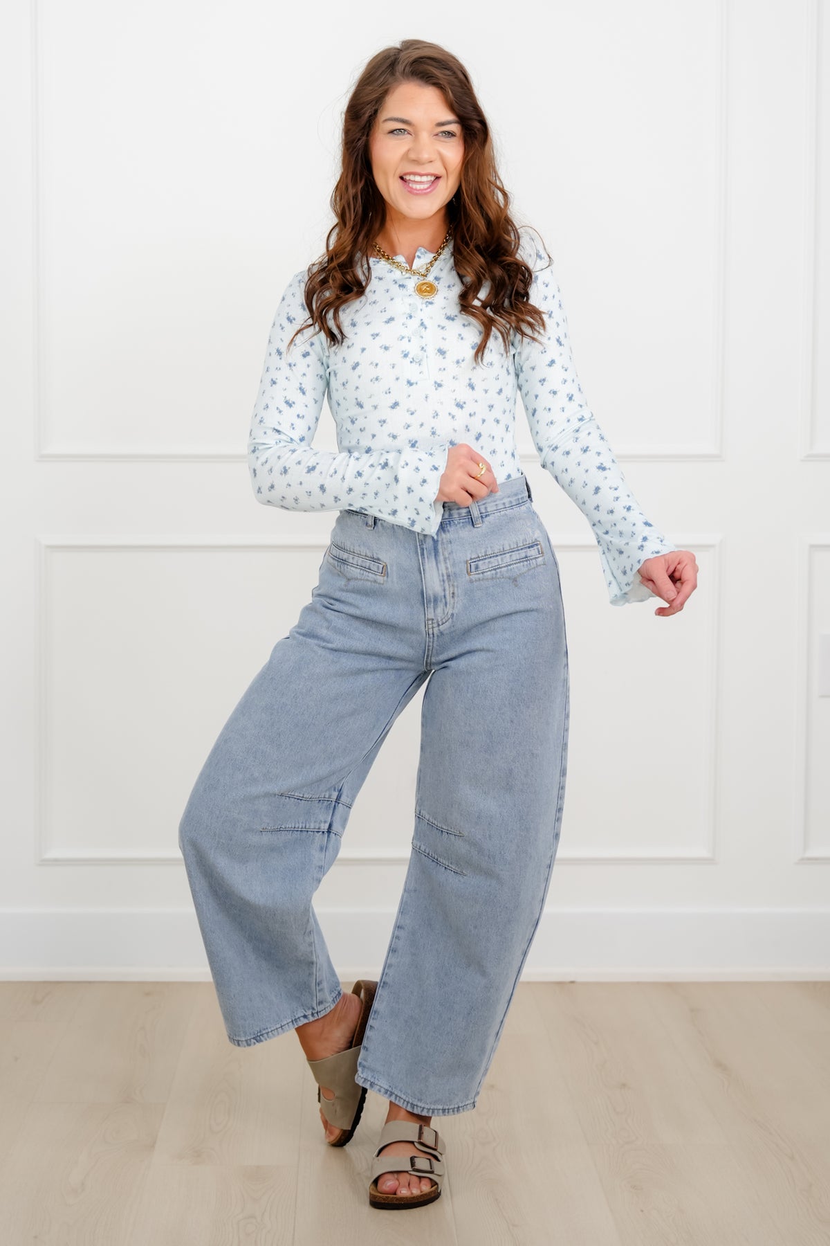 Blue Floral Print Long Bell Sleeve Bodysuit - Freckled Poppy