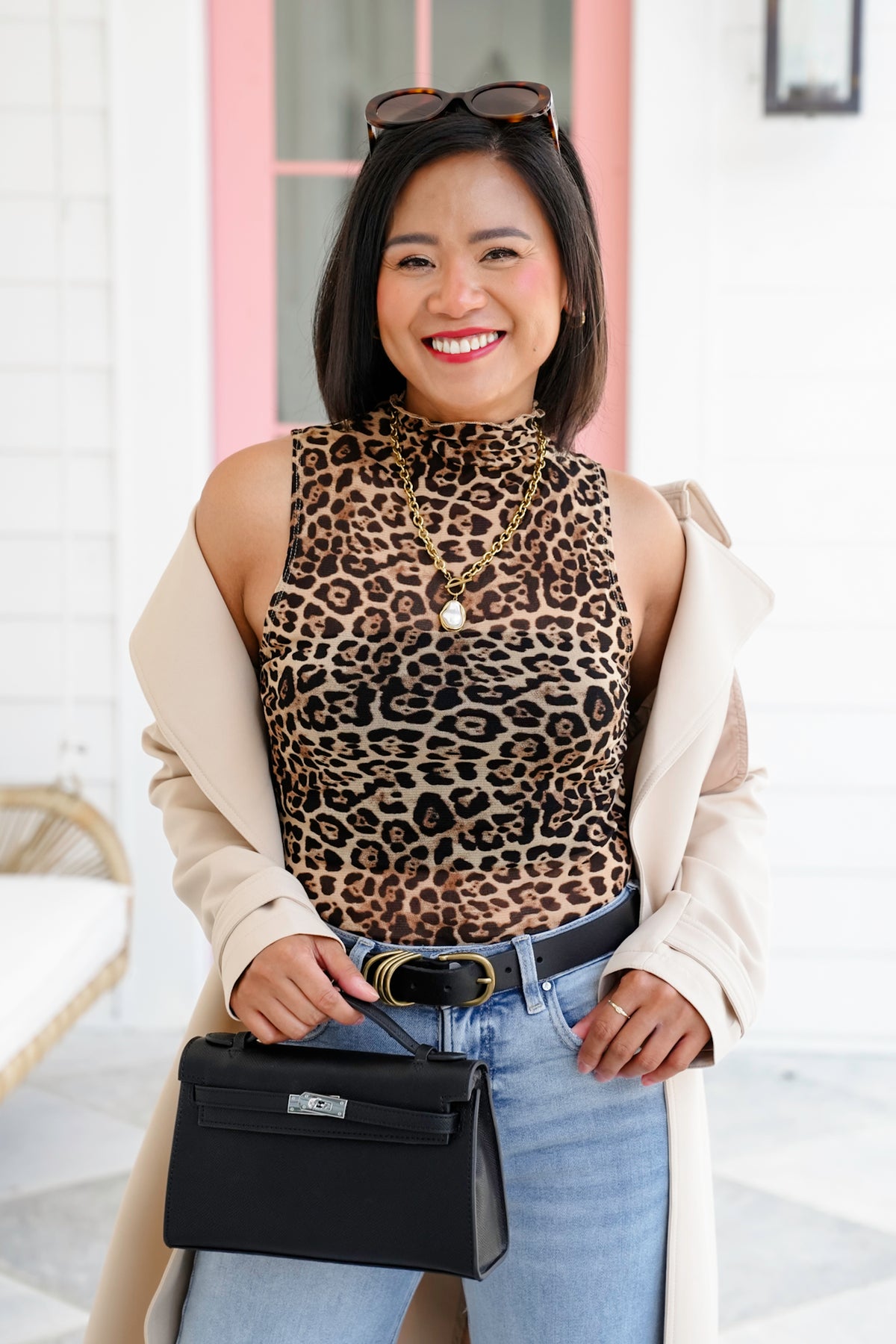 Leopard Mesh Sleeveless Mock Neck Top - Freckled Poppy