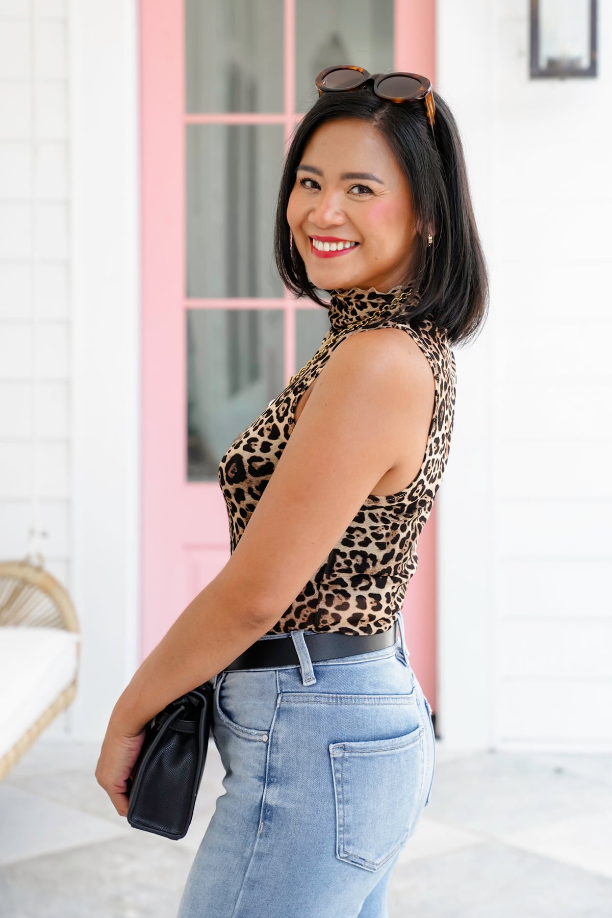 Leopard Mesh Sleeveless Mock Neck Top - Freckled Poppy