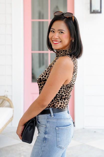 Leopard Mesh Sleeveless Mock Neck Top - Freckled Poppy