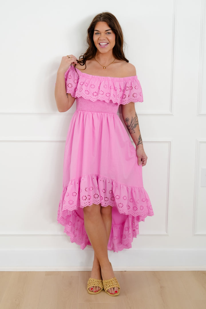 Off Shoulder High Low Dress with Eyelet Ruffle - Freckled Poppy