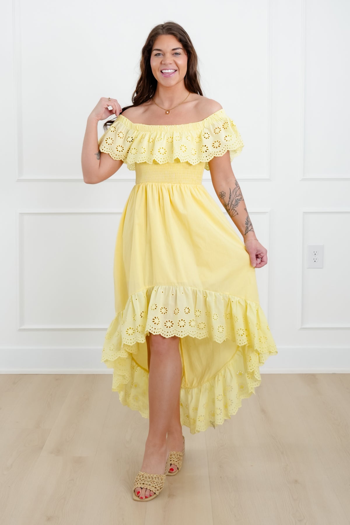 Off Shoulder High Low Dress with Eyelet Ruffle - Freckled Poppy
