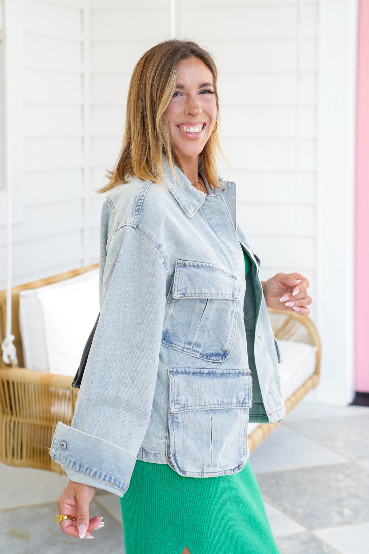 Restock! Veveret Light Wash Long Sleeve Utility Jacket - Freckled Poppy