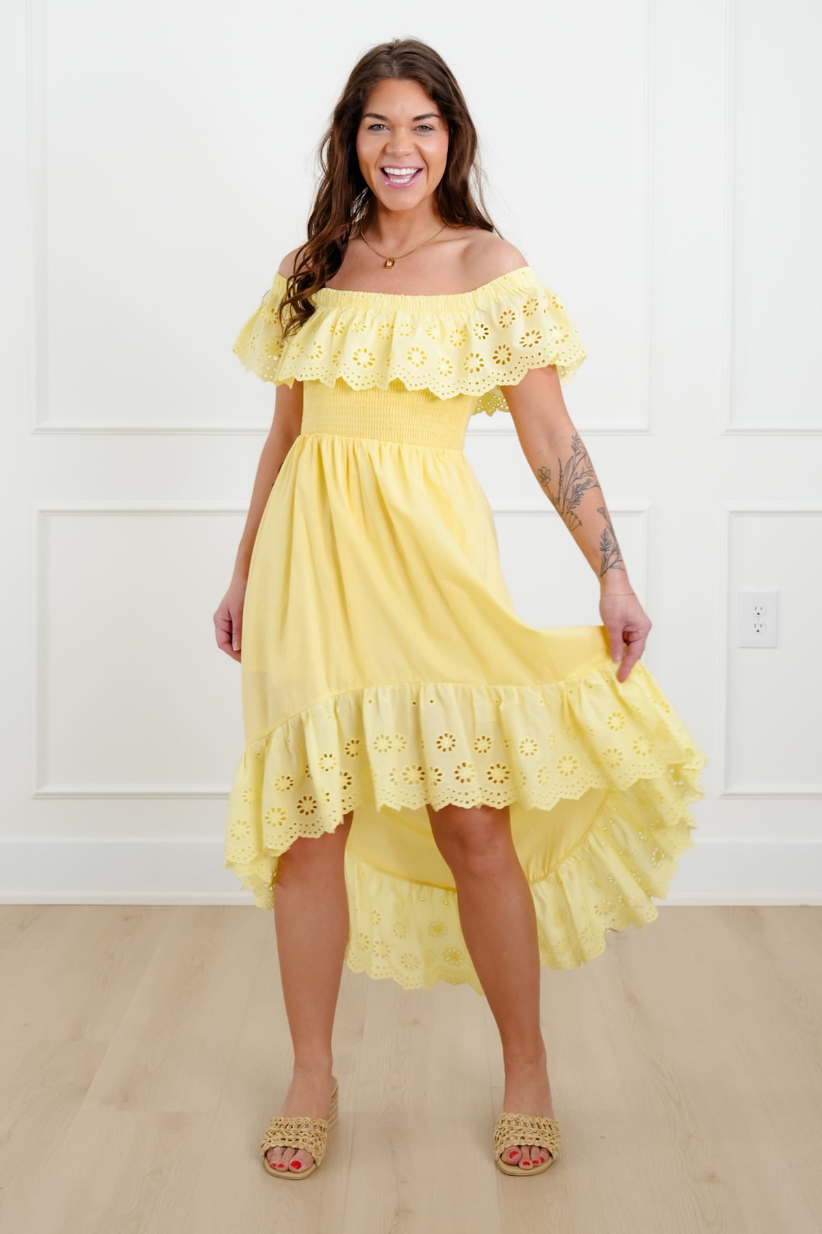 Off Shoulder High Low Dress with Eyelet Ruffle - Freckled Poppy
