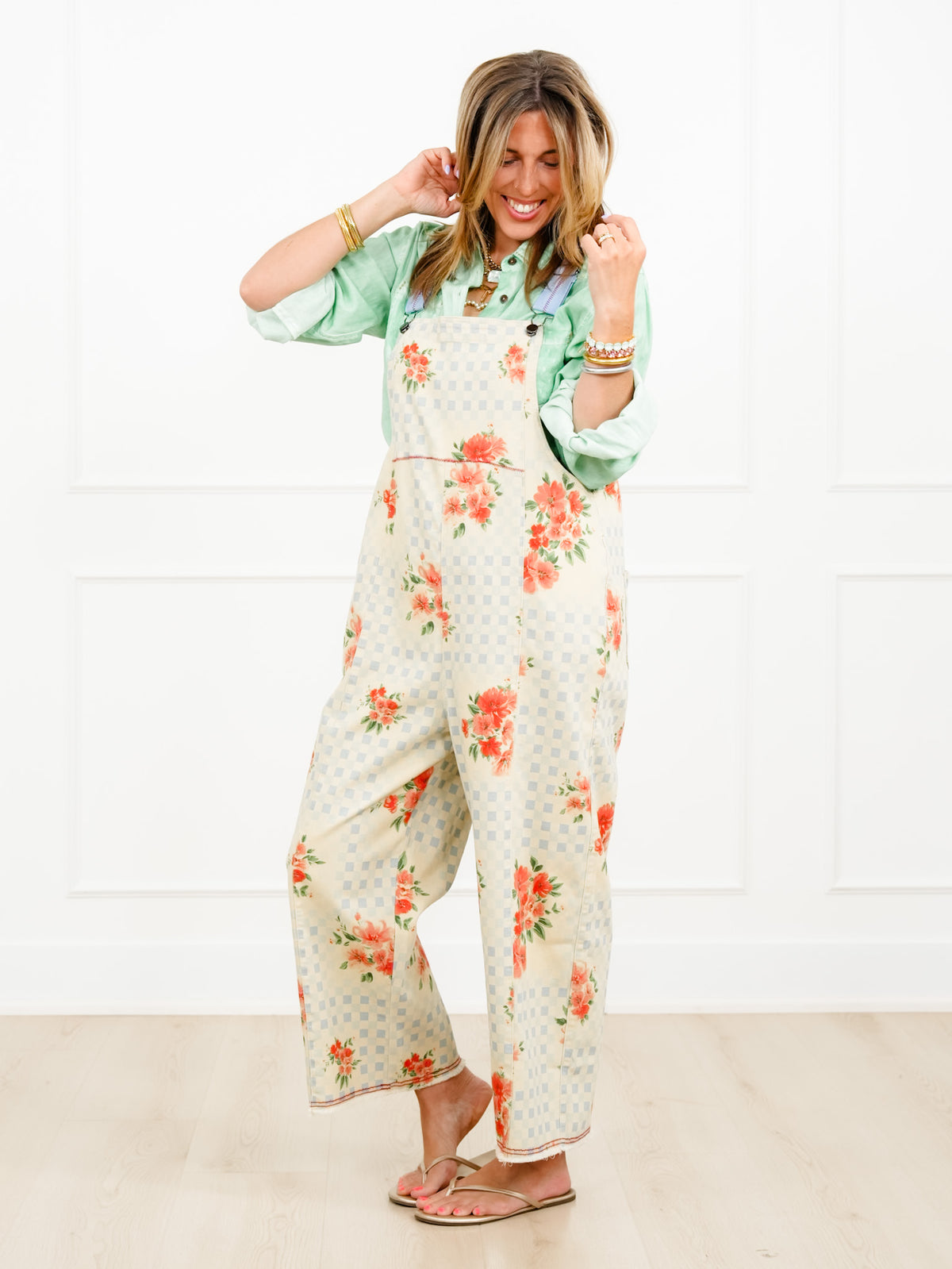 Checkered and Floral Print Wide Leg Overalls - Freckled Poppy