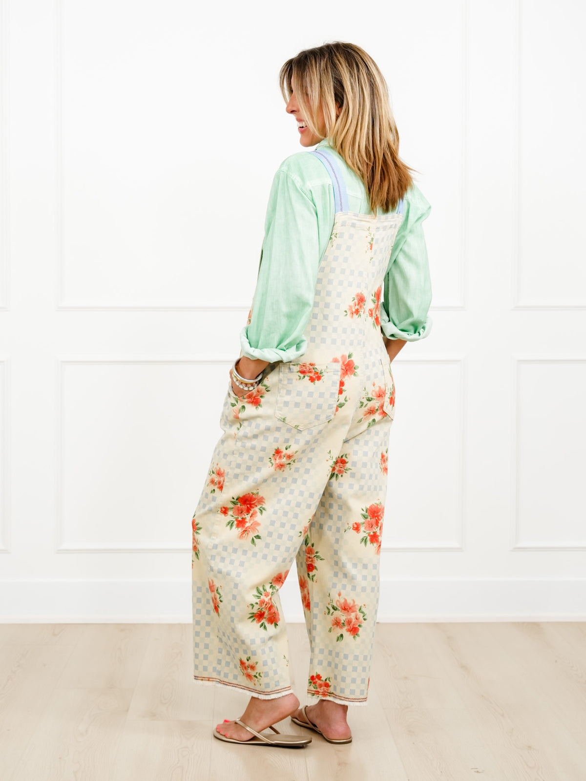 Checkered and Floral Print Wide Leg Overalls - Freckled Poppy
