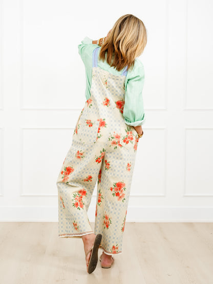 Checkered and Floral Print Wide Leg Overalls - Freckled Poppy
