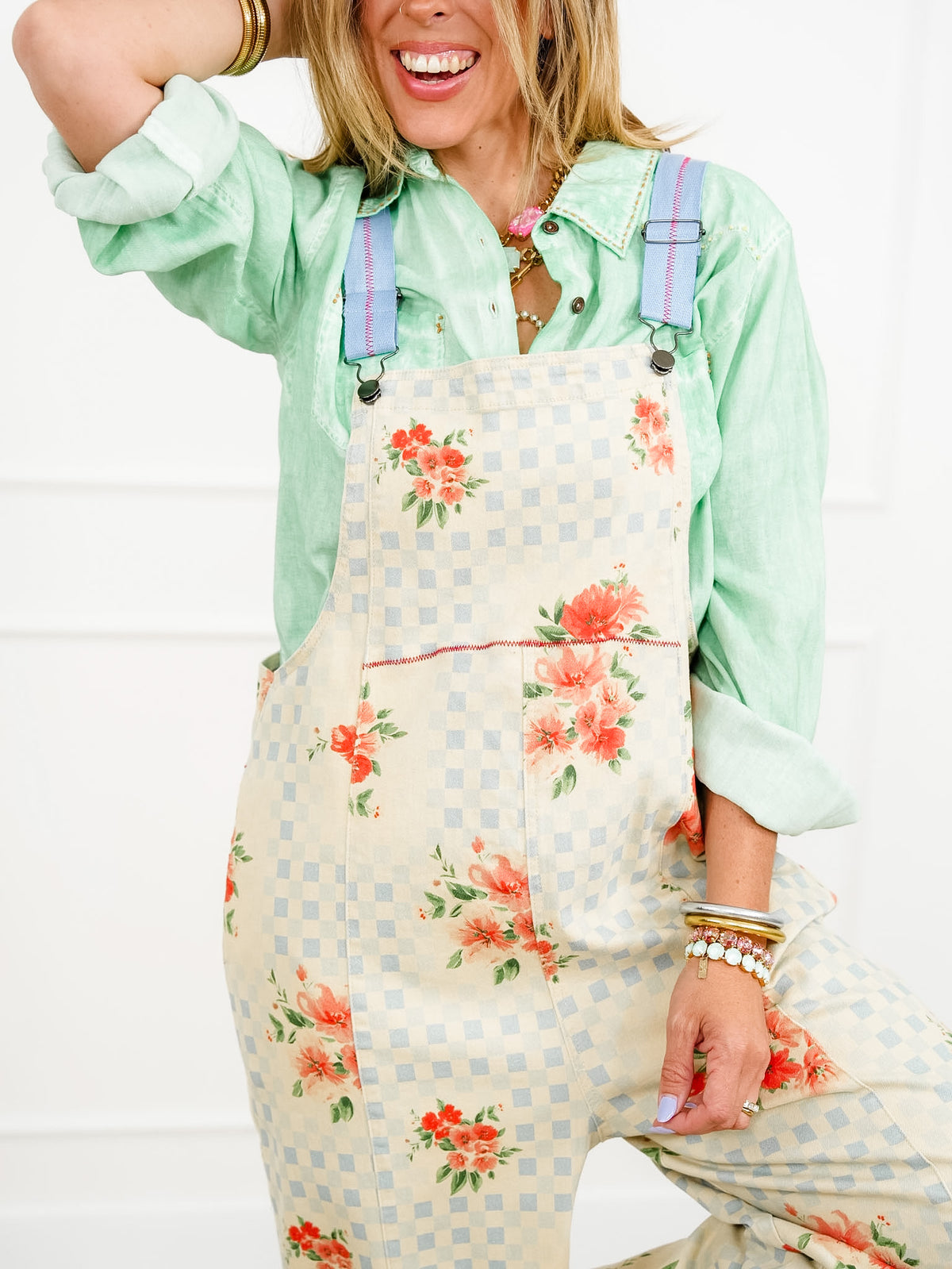 Checkered and Floral Print Wide Leg Overalls - Freckled Poppy
