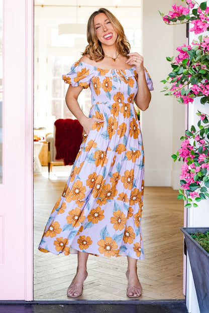 Plus/Reg Floral Print Short Puff Sleeve Midi Dress - Freckled Poppy