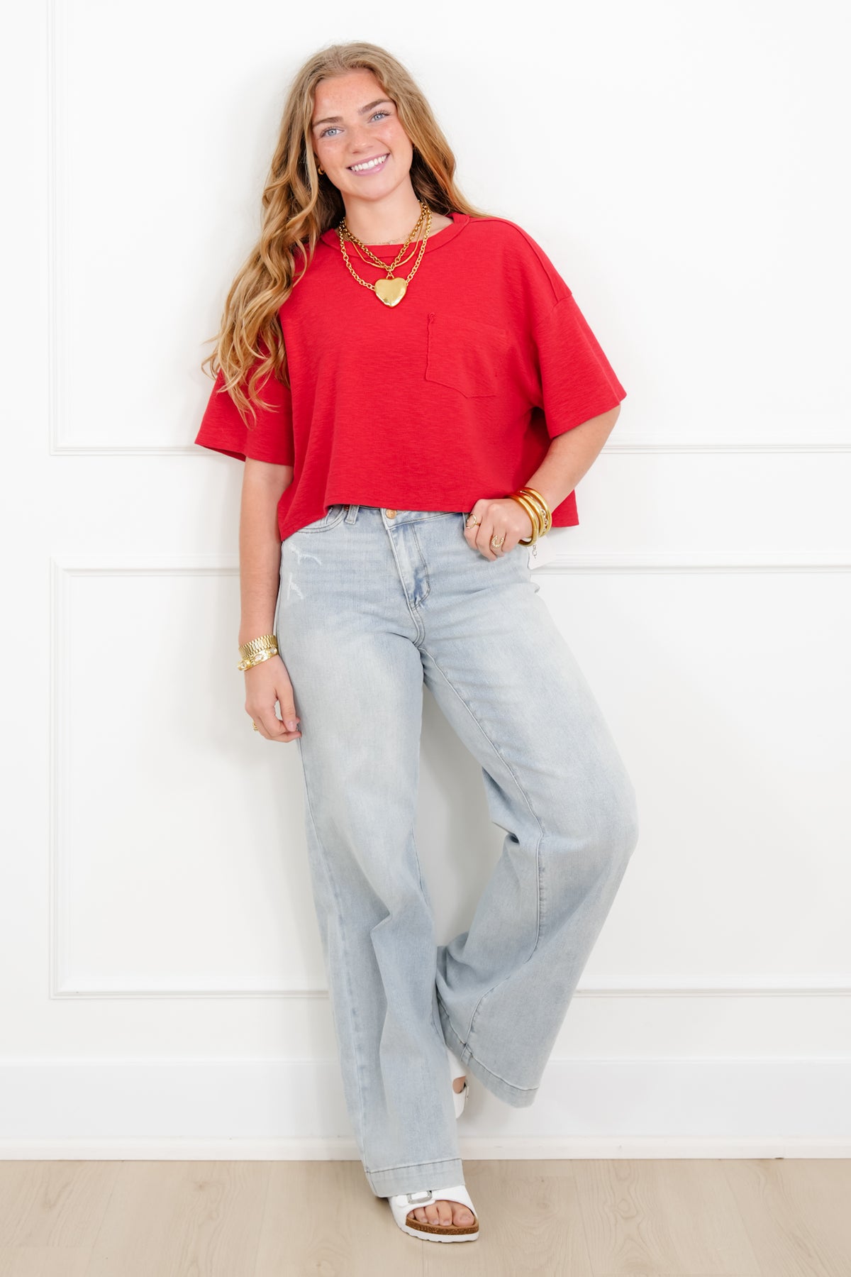 Short Sleeve Crew Neck Boxy Top with Chest Pocket - Freckled Poppy