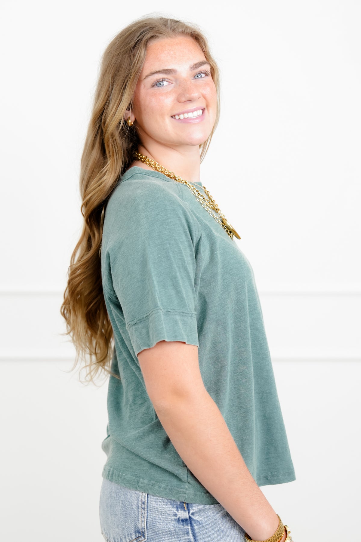 Door Buster! Washed Short Sleeve Top with Reverse Seam Detail - Freckled Poppy