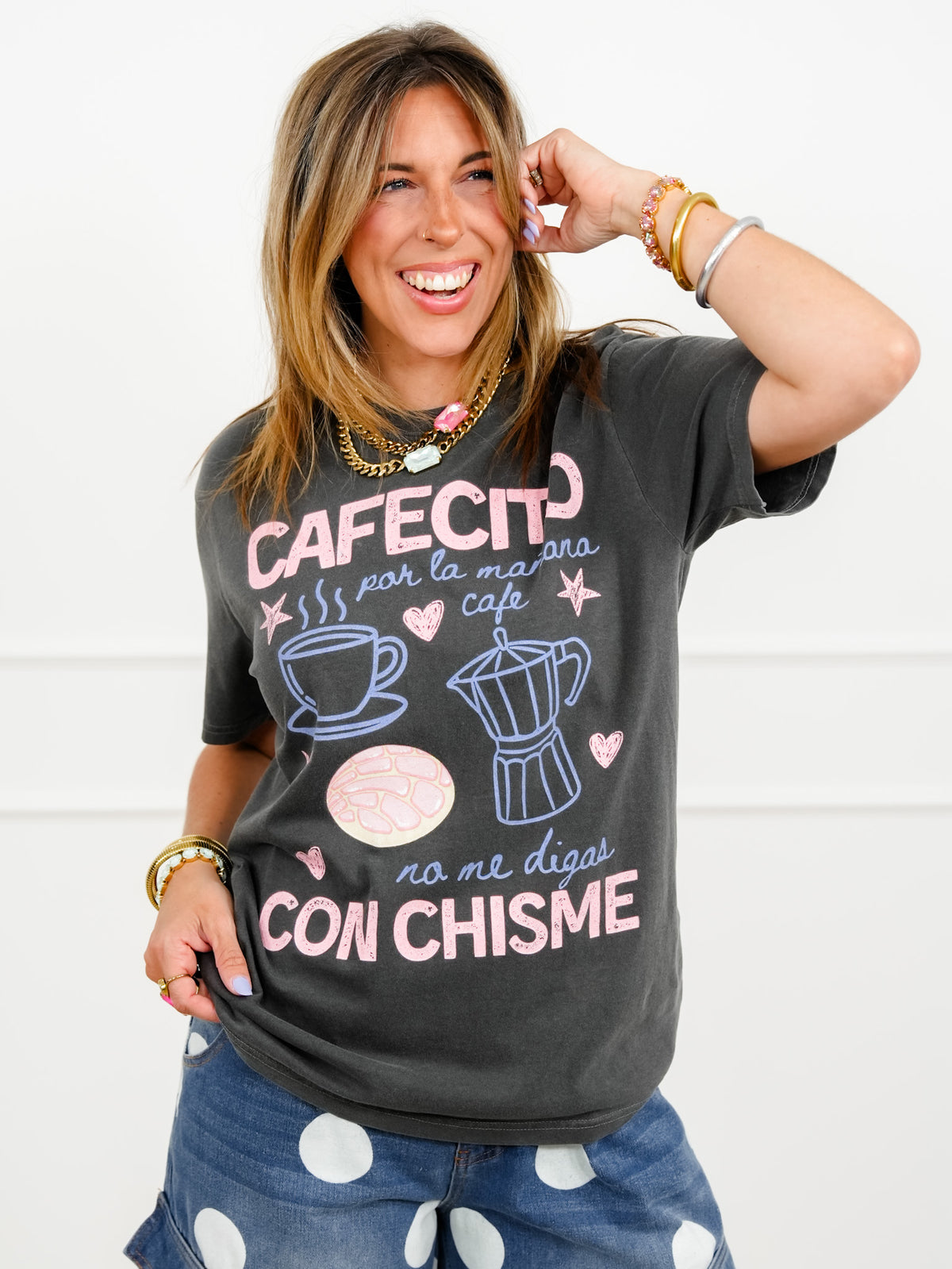 Plus/Reg Short Sleeve "Cafecito Con Chisme" Coffee Graphic Tee - Freckled Poppy
