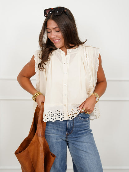 Restock! Sleeveless Pleated Button Down Top with Eyelet Trim - Freckled Poppy