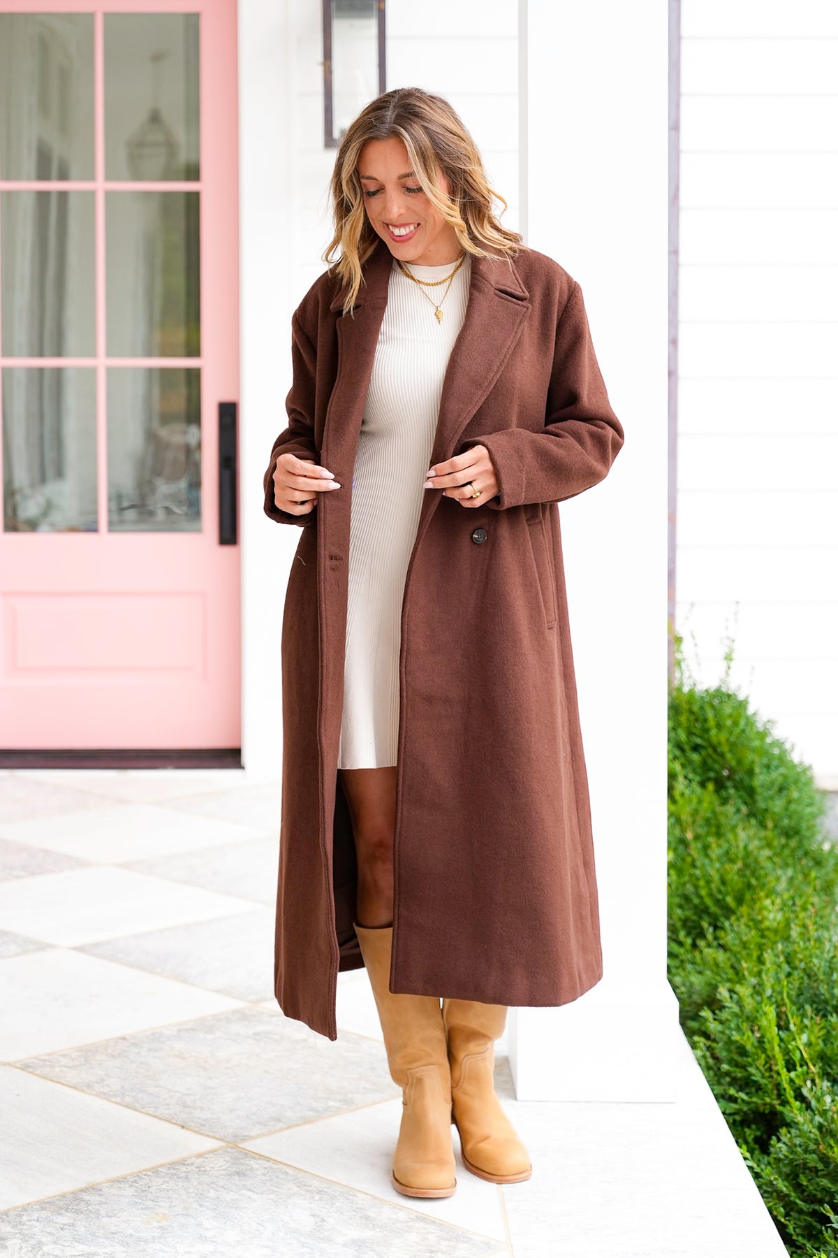 Wool Blend Long Sleeve Double Breasted Trench Coat - Freckled Poppy