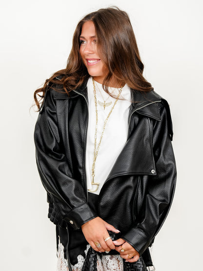 Vegan Leather Long Sleeve Zip Up Bomber Jacket - Freckled Poppy
