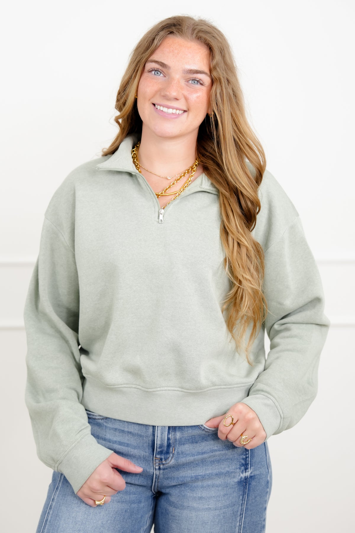 Door Buster! French Terry Long Sleeve Half Zip Up Sweatshirt - Freckled Poppy