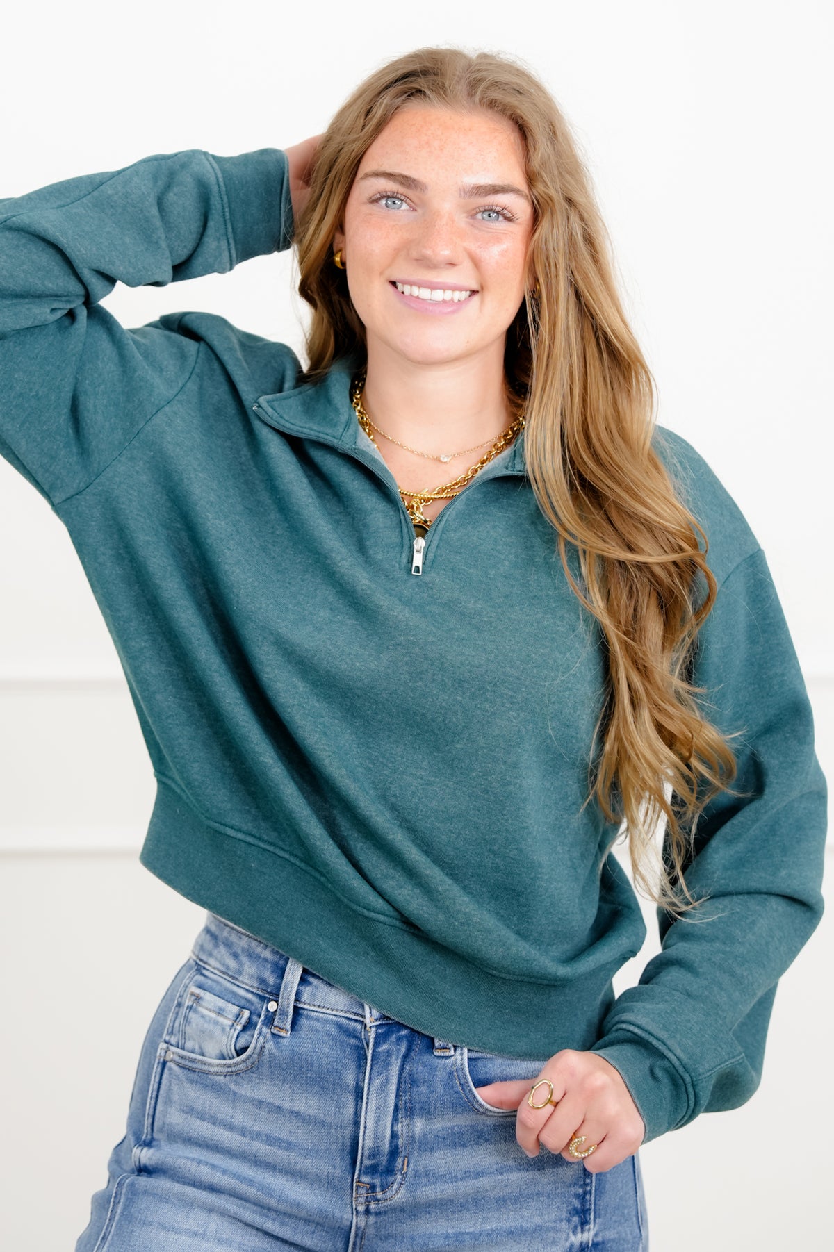 Door Buster! French Terry Long Sleeve Half Zip Up Sweatshirt - Freckled Poppy