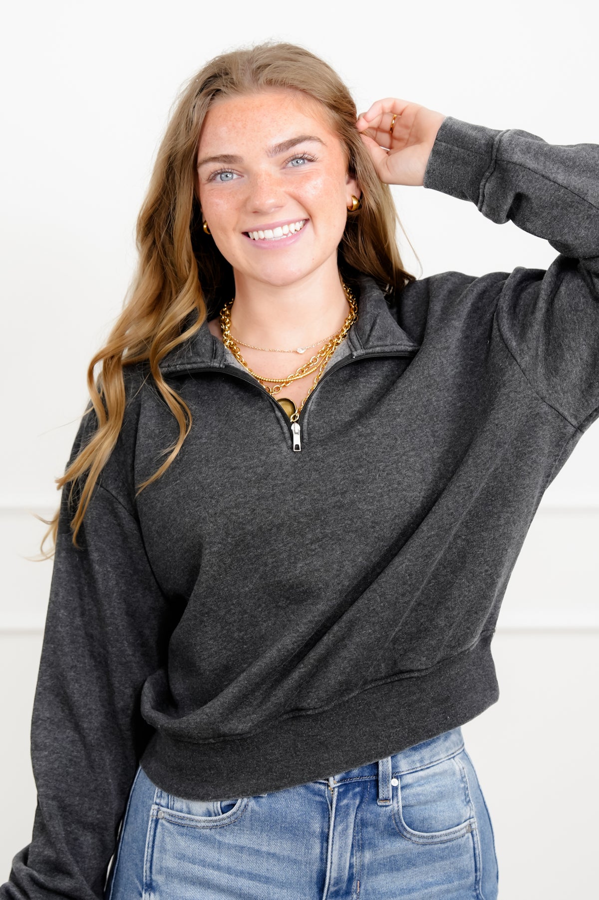 Door Buster! French Terry Long Sleeve Half Zip Up Sweatshirt - Freckled Poppy