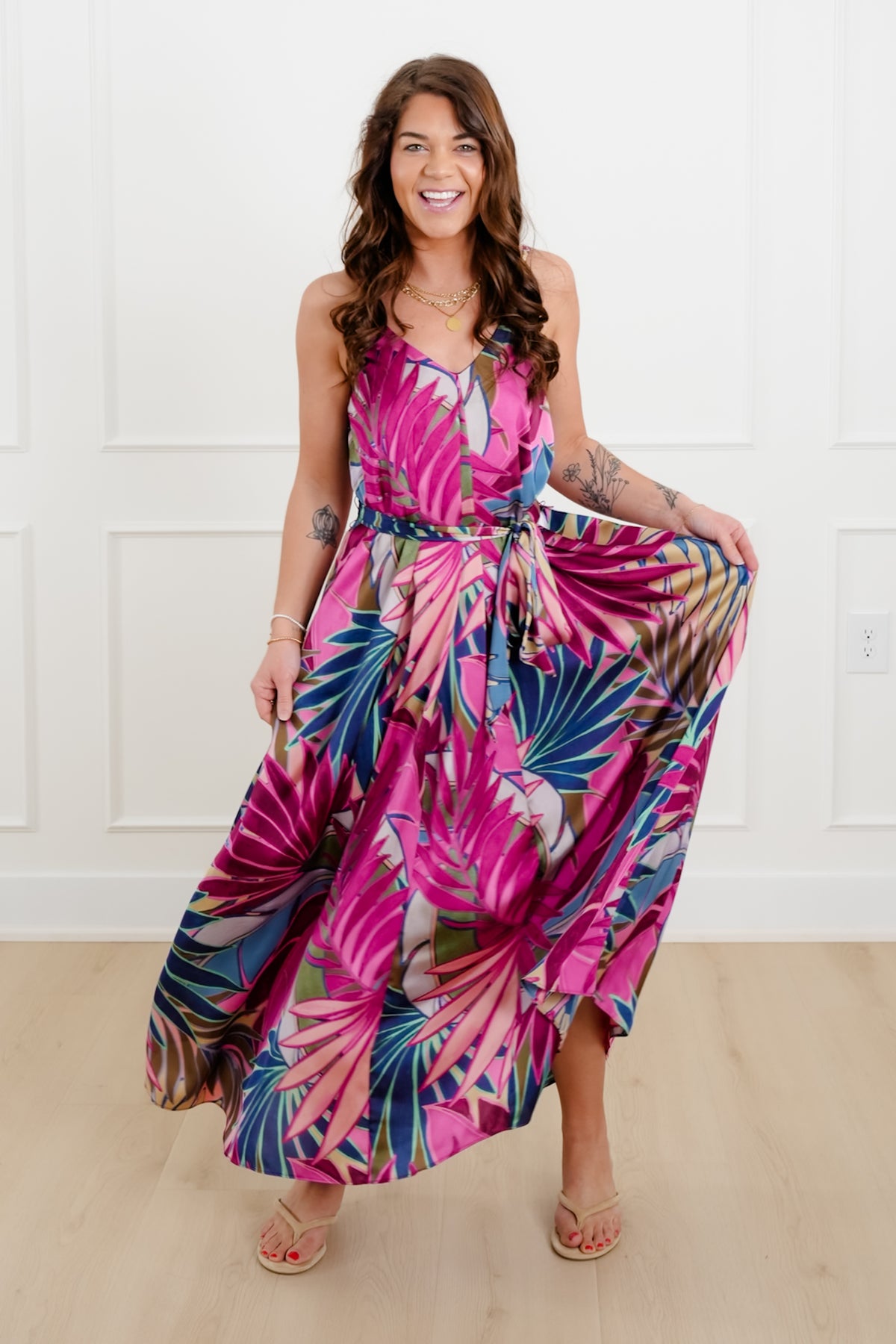 Tropical Printed Sleeveless Maxi Dress with Pockets - Freckled Poppy