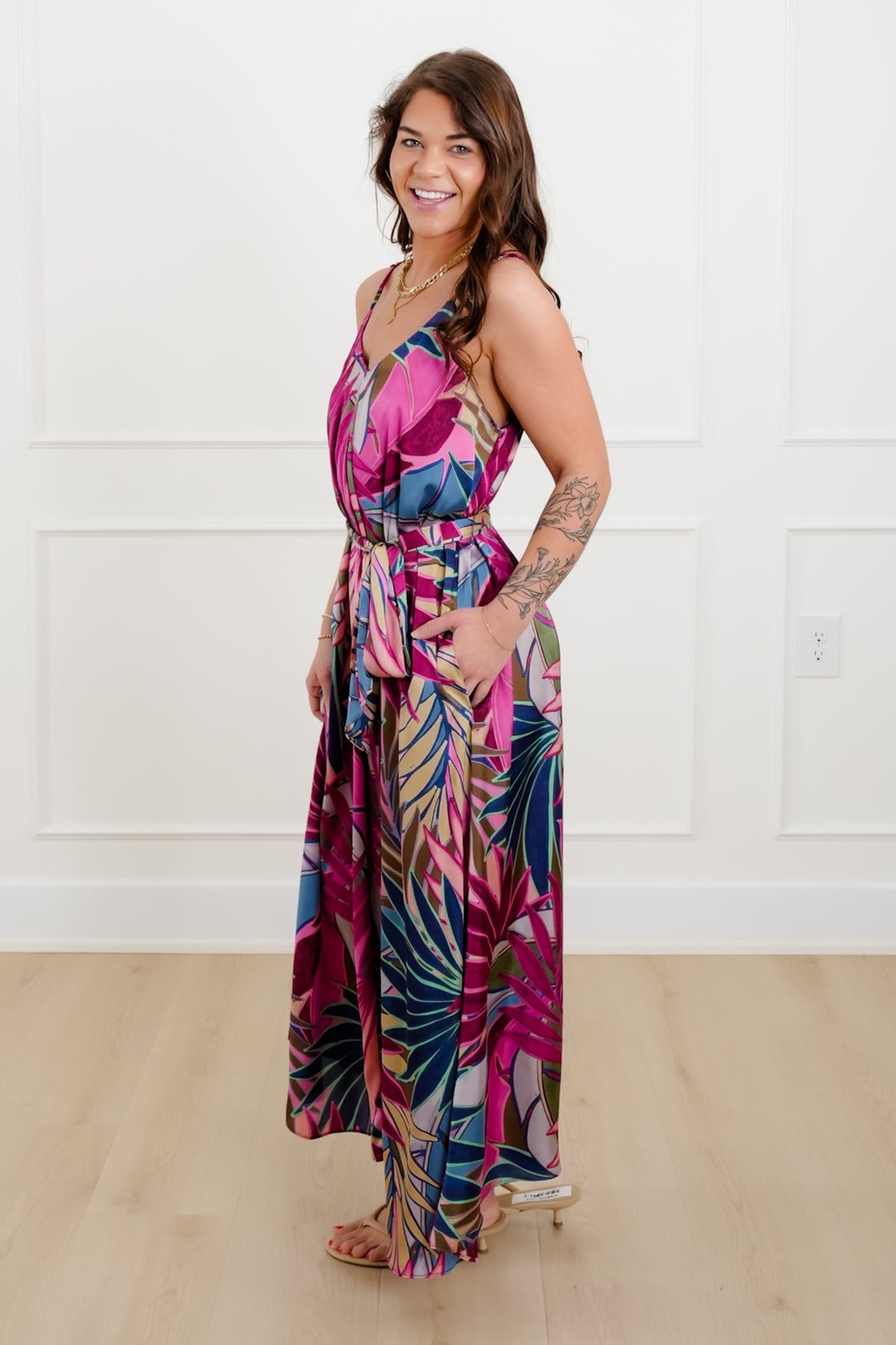 Tropical Printed Sleeveless Maxi Dress with Pockets - Freckled Poppy