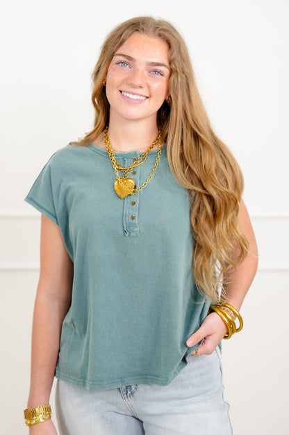 Door Buster! Washed Cap Sleeve Button Up Top - Freckled Poppy