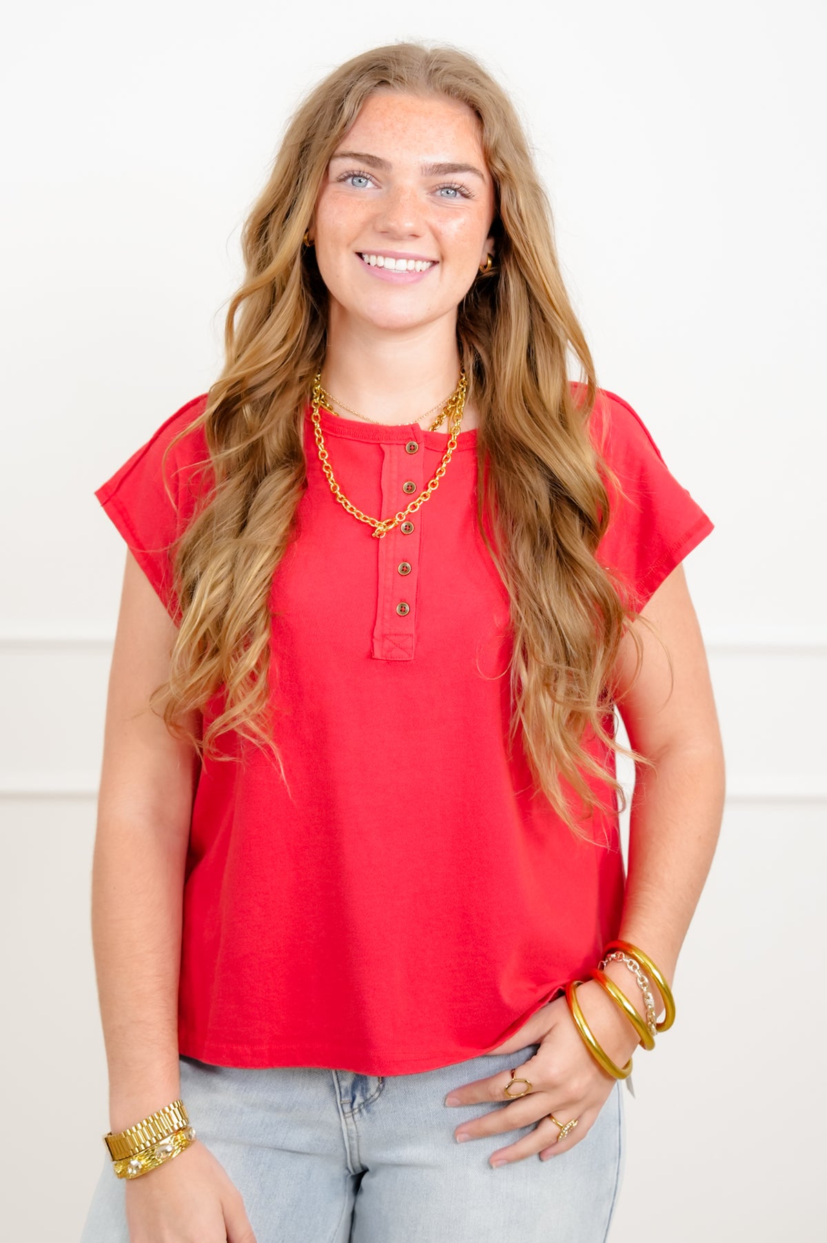 Door Buster! Washed Cap Sleeve Button Up Top - Freckled Poppy