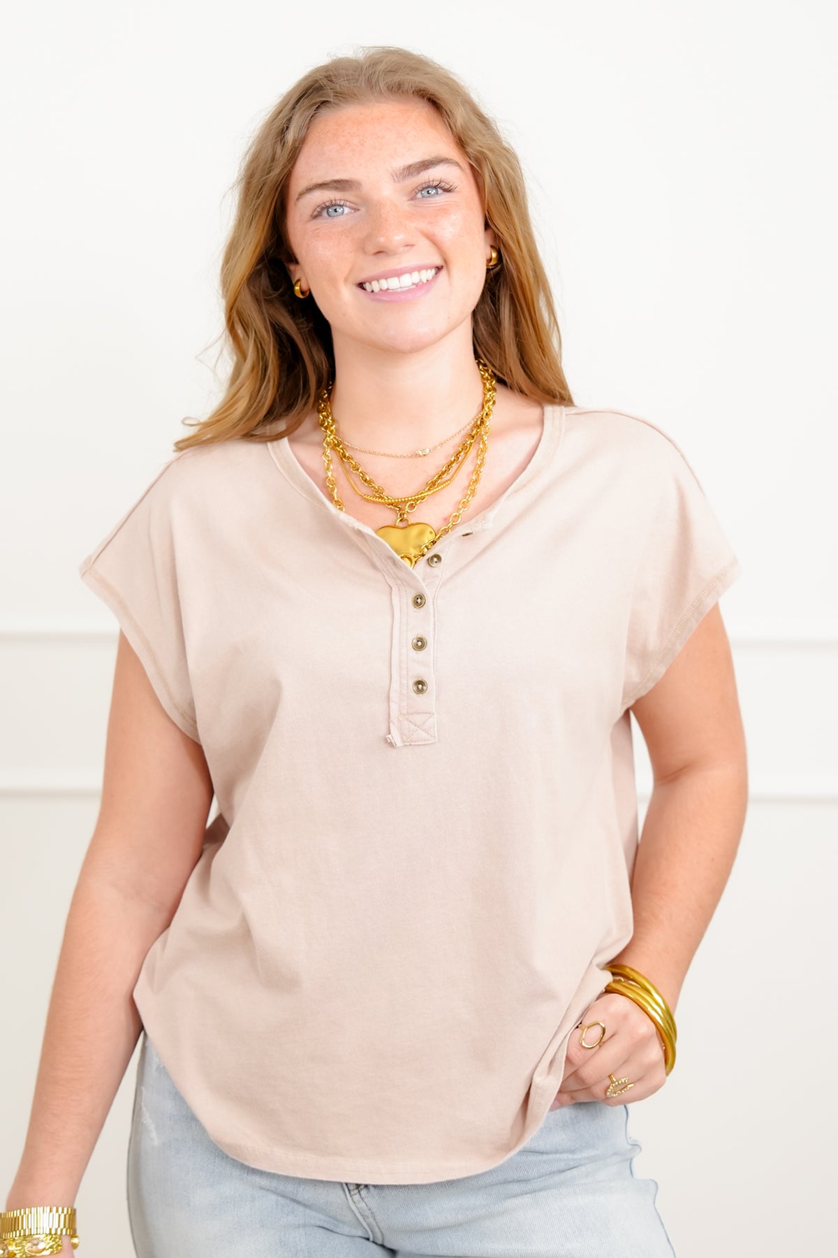 Door Buster! Washed Cap Sleeve Button Up Top - Freckled Poppy