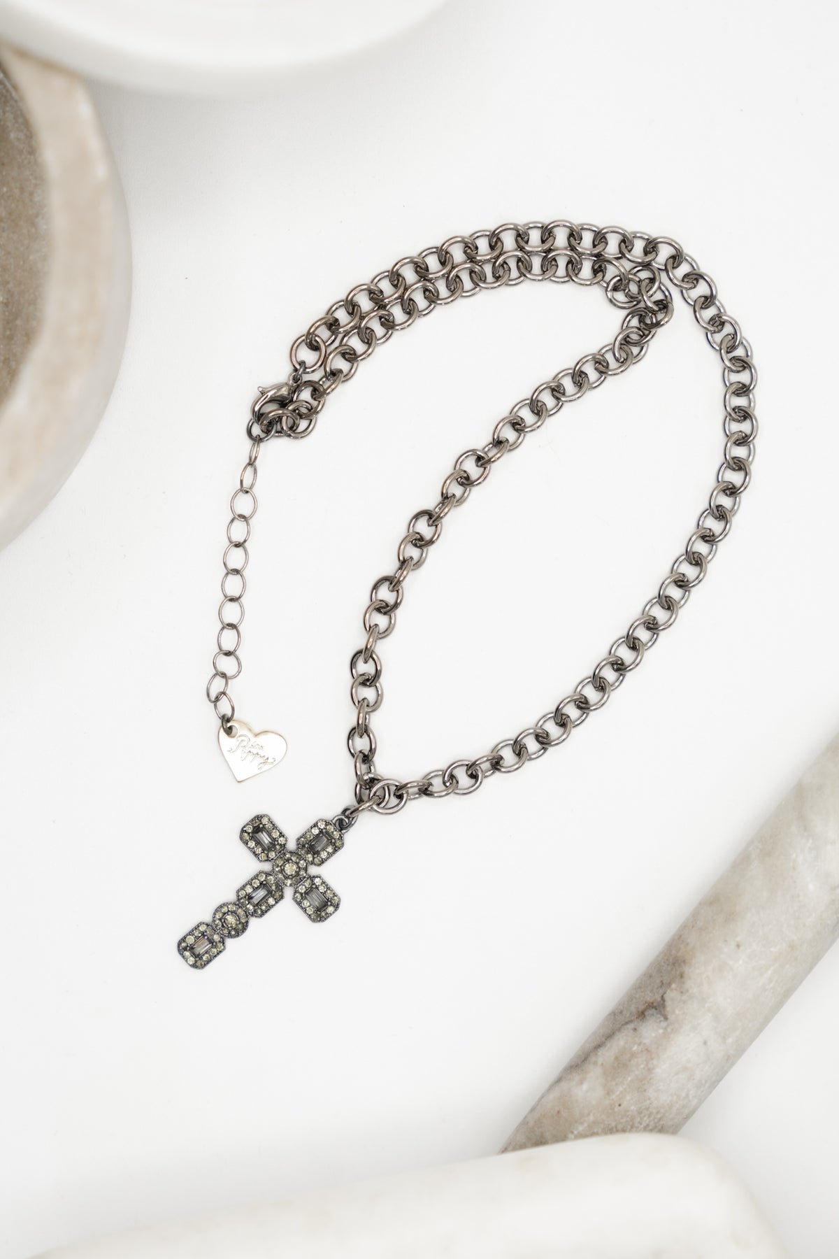 Love, Poppy Gunmetal Crystal Embedded Cross Necklace - Freckled Poppy