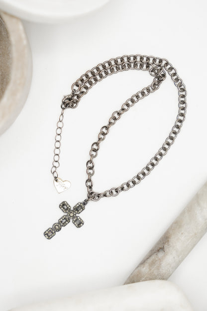 Love, Poppy Gunmetal Crystal Embedded Cross Necklace - Freckled Poppy