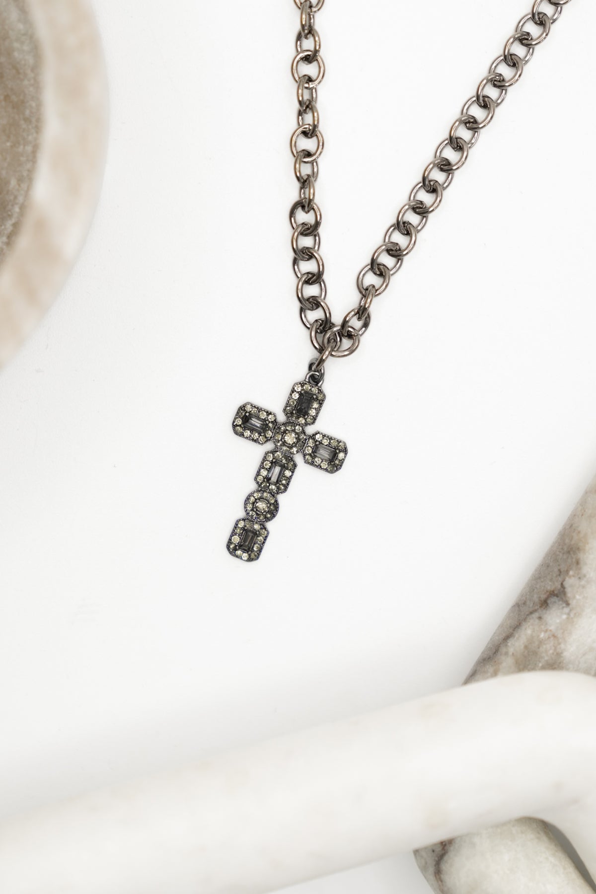 Love, Poppy Gunmetal Crystal Embedded Cross Necklace - Freckled Poppy